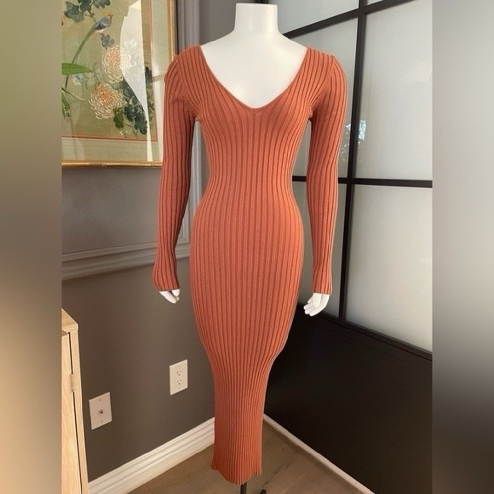 Society 212 Ribbed Knit Maxi Dress Terracotta Rust V-Neck Long Sleeve Medium